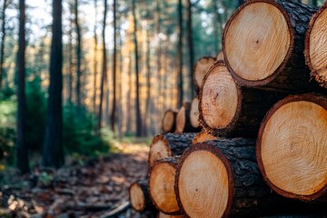 Stacks of freshly cut logs rest in a tranquil forest. Sunlight filters through tall trees, illuminating vibrant autumn leaves and creating a peaceful atmosphere
