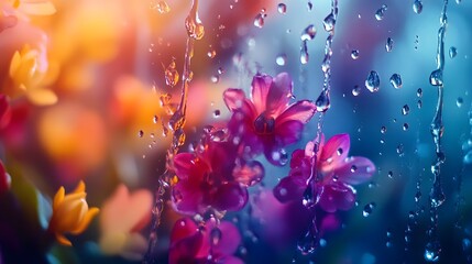 close up of raindrops on a window with blurred out flowers in the background