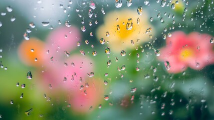 close up of raindrops on a window with blurred out flowers in the background