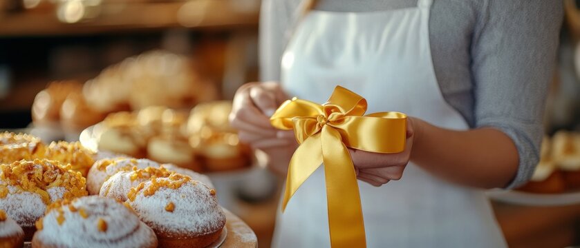 A baker ties a yellow ribbon neatly tying over pastries, bringing attention to detail and care in preparation in a cozy, inviting bakery.