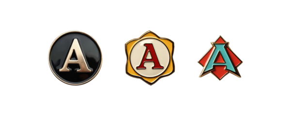 Set of enamel pin with a letter “A”, polished and colorful, metal badge with retro style, transparent background