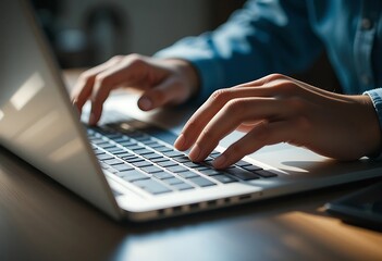 A businessman typing on a laptop in an office setting