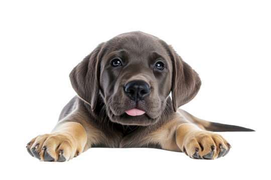 Handsome 3 months old Labrador dog puppy, laying down facing front with tongue out. Looking towards camera. Isolated cutout on a transparent background.