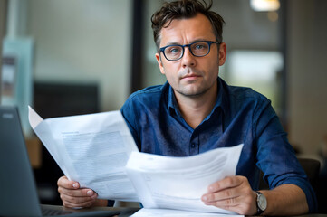 Serious businessman reviewing documents at his desk, conveying concepts of analysis, professionalism, corporate decision-making, focus, responsibility,modern workplace dynamics in office environment