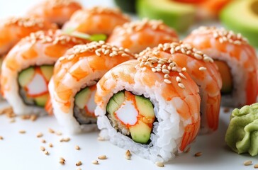 Fresh and Delicious Sushi Rolls with Shrimp, Avocado, and Cucumber on a White Plate for a Gourmet Dining Experience