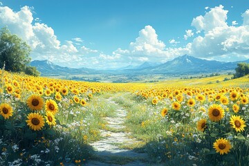 Fototapeta premium field of sunflowers and blue sky