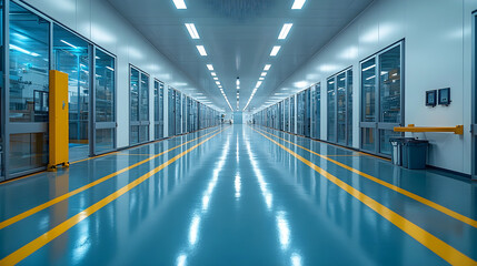 Fototapeta premium Modern industrial corridor with a clean, reflective floor, glass-walled rooms, and bright overhead lighting, showcasing advanced manufacturing or laboratory facilities