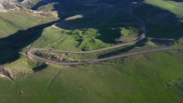 4K aerial drone footage of Vardenyats (Selim) Pass and Orbelyan's (Selim) Caravanserai, connecting Vayots Dzor and Martuni near Lake Sevan, Armenia. A historic Silk Road site in Geghama mountains