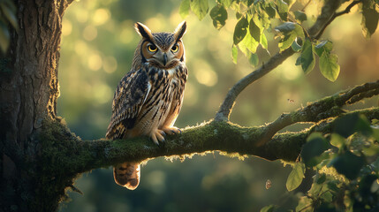 Obraz premium Majestic owl perched on a mossy tree branch in a sunlit forest during golden hour