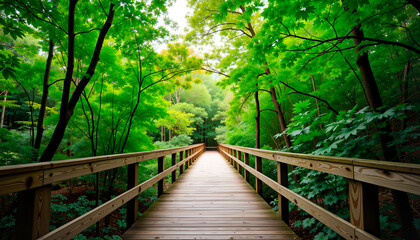 Lush wooden boardwalk path through vibrant rainforest, nature serenity, forest path