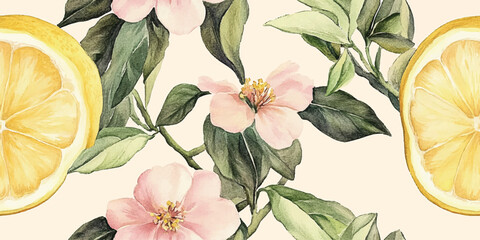 Watercolor lemon seamless pattern. Elegant citrus repeat background for summer textiles, kitchen decor, packaging