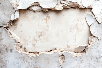 壁の穴から見える古い建物の内部と崩れた壁面の状態