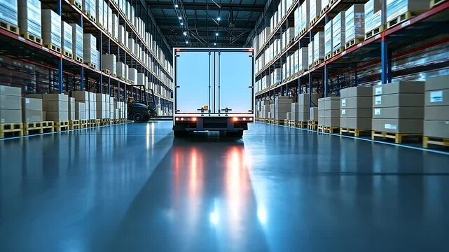 A white transport truck at a warehouse facility, its back doors open to display well-organized boxes, with conveyor belts and forklifts actively moving shipments.