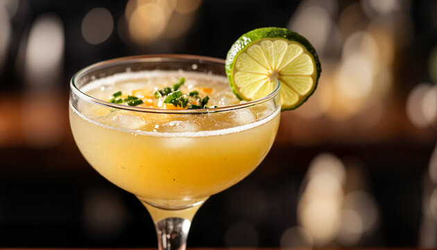 Elegant daiquiri cocktail with lime slice at stylish bar, relaxation