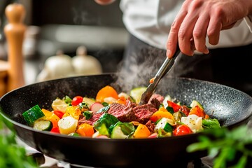 In a vibrant kitchen, a skilled chef deftly uses tongs to fry tender pieces of meat alongside an array of fresh vegetables. Steam rises, enhancing the appetizing atmosphere