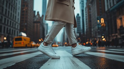 Fototapeta premium Individual in a long coat crossing a bustling urban street with grace, exuding elegance amidst the dynamic pace of city life