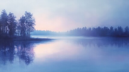 Fototapeta premium The still water reflects trees and misty atmosphere in the landscape