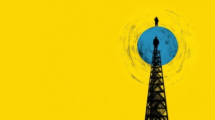 An abstract representation of ambition and isolation featuring two silhouetted figures atop a tower against a yellow background.