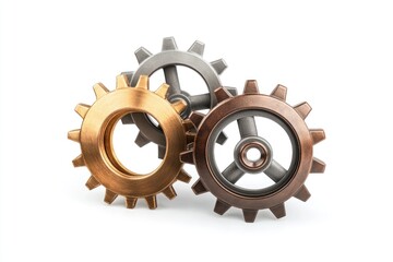 Three metallic gears interlock, showcasing intricate design and mechanical precision.