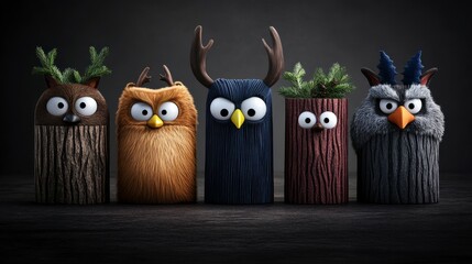 Playful collection of whimsical owl figurines with vibrant personalities and unique textures presented in a dark setting