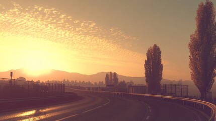 Obraz premium Sunset highway curve, rural landscape, scenic drive