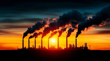 Silhouette of industrial smokestacks emitting thick smoke against a dramatic sunset sky with vibrant colors
