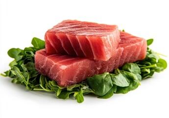 Fresh Raw Tuna Steaks Served on a Bed of Nutritious Green Leafy Vegetables Isolated on White Background Ideal for Healthy Food Concepts