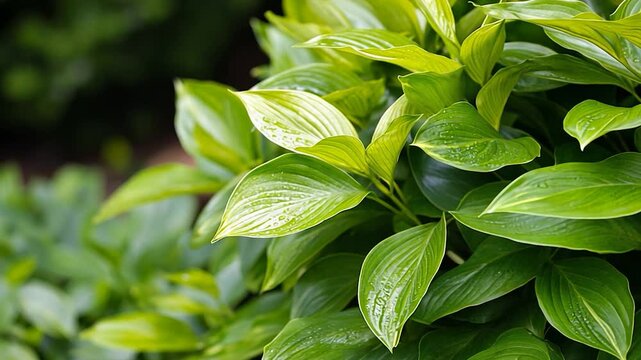 Lush green hosta leaves, garden detail, dew drops, blurred background, nature website