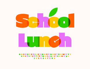 Vector Colorful Sign School Lunch. bright Kids Font. Watercolor Alphabet Letters and Numbers