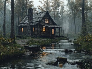 Cozy Cabin by Stream: Tranquil Forest Escape at Dusk