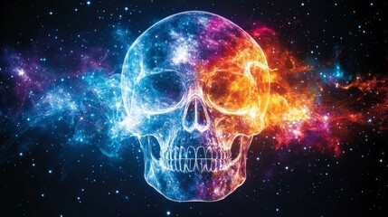 A cosmic skull illuminated by vibrant colors against a starry background, representing the intersection of life and the universe