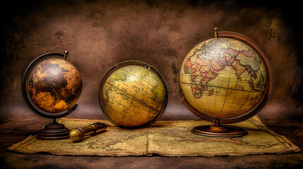 Antique globes, map, compass on dark background; exploration concept, travel agency brochure