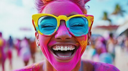 Joyful celebration at a vibrant beach party captured with colorful powder and bright smiles reflecting happiness and community.