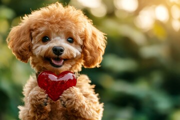 Poodle - my desired dog, symbol of friendship. Commercial companion creative. Cute poodle pooch with diamond red heart on a walk in a spring green space. Sweet puppy love moment. Romantic pet.