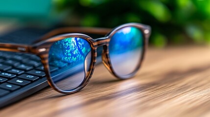 Stylish Anti-Glare Glasses Resting on a Desk with a Computer Keyboard in Background. Generative AI