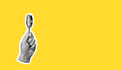 Magnifying glass held by woman for business investigation and property research. Focused on inspecting evidence, checking for details and mystery in real estate sale. Banner. Concept of discovery,