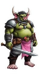 Fierce lord pig with evil ogre warchief in a tall barbarian setting.