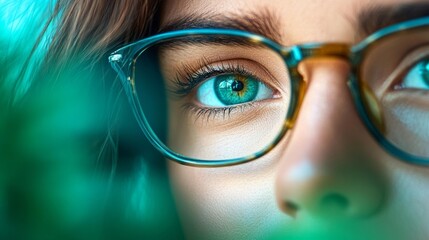 Close-up of a woman with striking blue eyes wearing stylish glasses in a modern setting. Generative AI