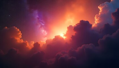 Fototapeta premium Nebulosa colorida con nubes naranjas, violetas y azules, estrellas esparcidas por el fondo oscuro, polvo y gas cósmicos creando una escena vibrante y etérea