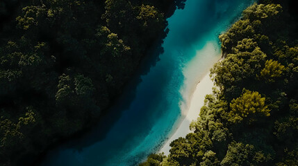 Obraz premium Aerial view of turquoise river flowing through lush green forest, sandy beach visible, sunny day, travel brochure