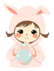 Cute girl in hoodie with rabbit ears holding Easter egg. Happy Easter. Vector isolated illustration