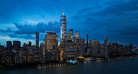 Aerial skyline of New York City, United States, USA. NYC skyline. Panorama of New York. New York skyscrapers. Beautiful view in Manhattan, Empire State Building in NYC. The New York Times Building.