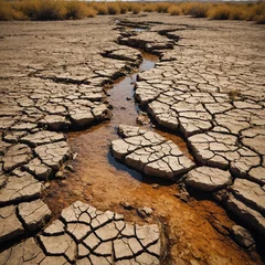 Selbstklebende Fototapeten A field with dried soil against a blue sky. Deep cracks in the ground due to drought. The bottom of a dry lake or river. dry cracked earth without water, dried mud texture with subtle earth tones © Muhammad