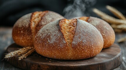 Steaming artisan loaves, wooden board, rustic kitchen, wheat