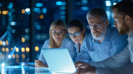Team of Business Professionals Collaborating on a Laptop in Modern Office