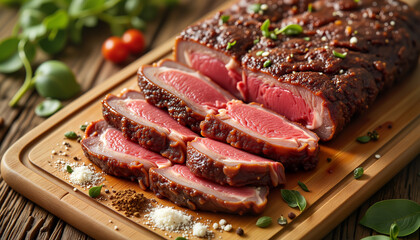 Sliced kangaroo steak artfully arranged on wooden board, gourmet presentation