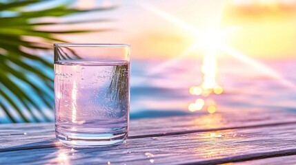 A close-up view of a glass of water with sparkling bubbles on a sunny wooden table. Generative AI