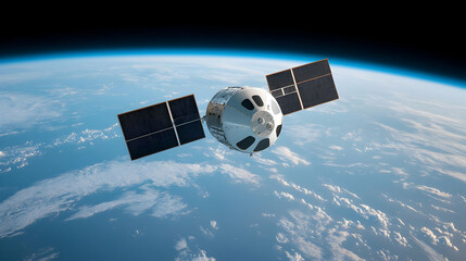 Spacecraft orbiting Earth, sunrise, clouds, science