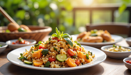 Colorful Moroccan couscous spread on cozy balcony, culinary delight