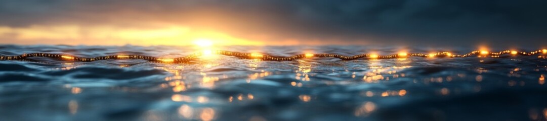 Glowing underwater cables stretching across the ocean with a sunset reflecting on the surface. Generative AI